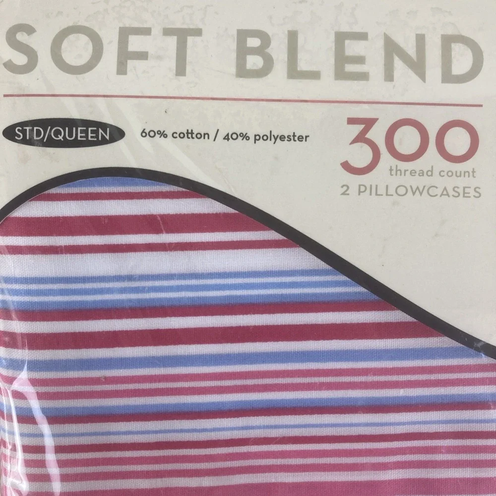 Wamsutta 300 Thread Count‎ 2 Pillowcases Queen Stripe Red Blue NOS Spring 2007